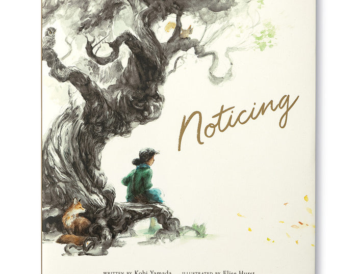 Compendium Noticing book cover with a watercolor of a child sitting beneath a large twisted tree
