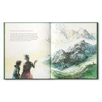 Compendium Noticing book open to a watercolor of two children looking out at a mountain landscape