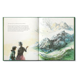 Compendium Noticing book open to a watercolor of two children looking out at a mountain landscape