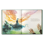 Compendium Noticing book open to a colorful watercolor of a sunset sky with reaching hands