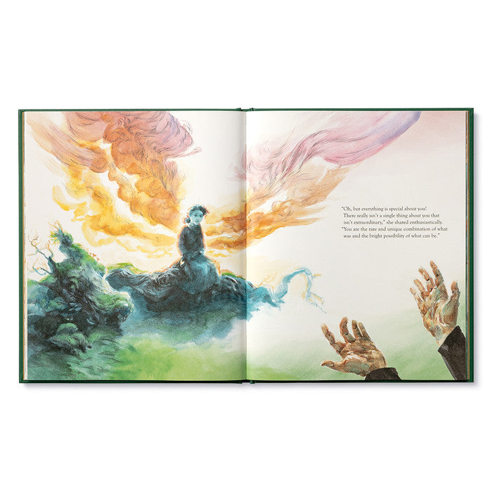 Compendium Noticing book open to a colorful watercolor of a sunset sky with reaching hands