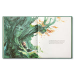 Compendium Noticing book open to a watercolor of a child in a green tree canopy