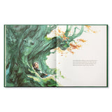 Compendium Noticing book open to a watercolor of a child in a green tree canopy