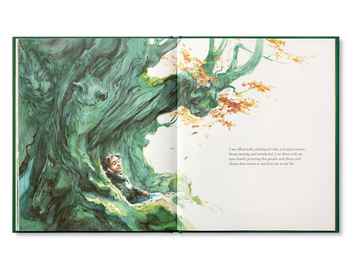 Compendium Noticing book open to a watercolor of a child in a green tree canopy