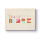 Compendium Tell Me More Game, a cream box with colorful lettering, a game of questions to deepen connection