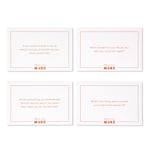 Four Compendium Tell Me More Game question cards laid out on white
