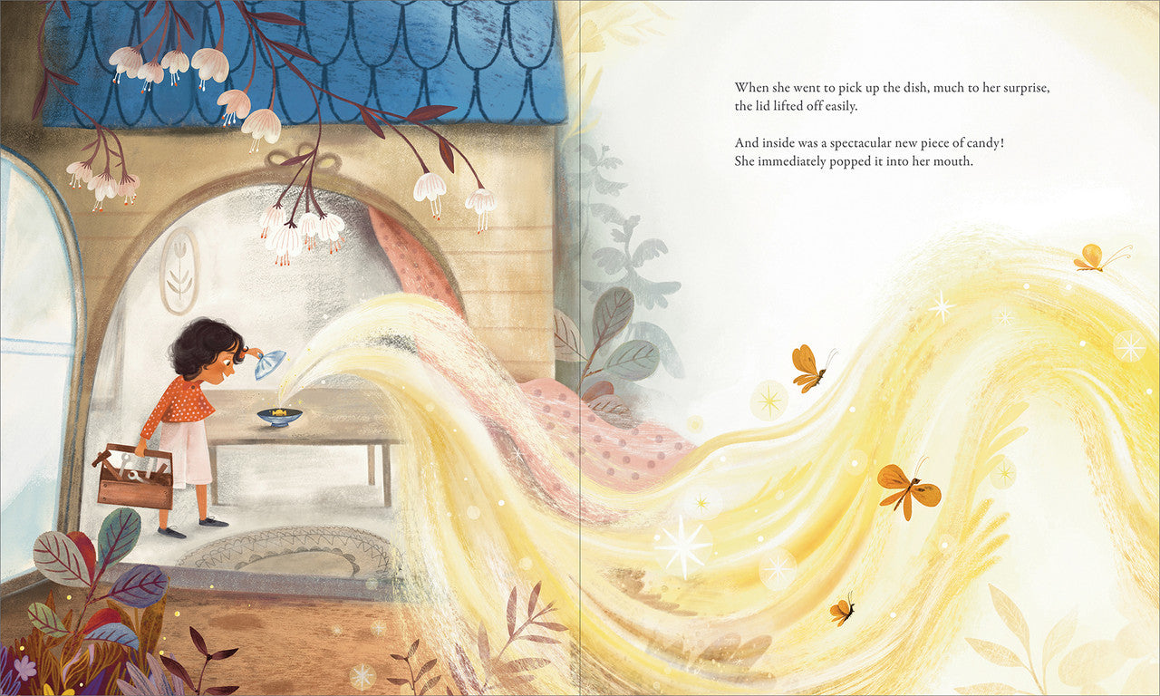 Compendium The Candy Dish book open to a watercolor of golden light pouring from a dish