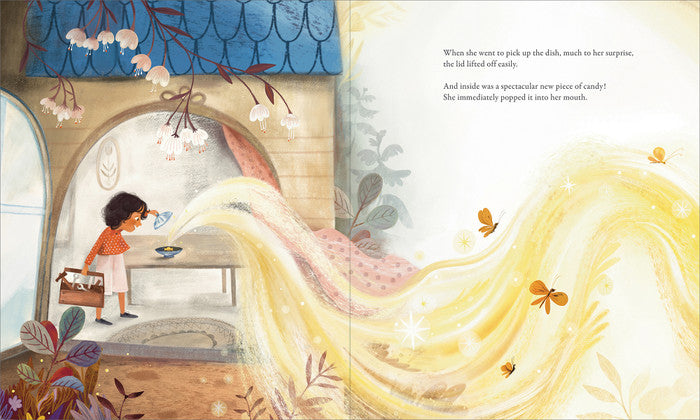 Compendium The Candy Dish book open to a watercolor of golden light and a blue-roofed house