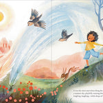 Compendium The Candy Dish book open to a child in a meadow with birds and a rabbit
