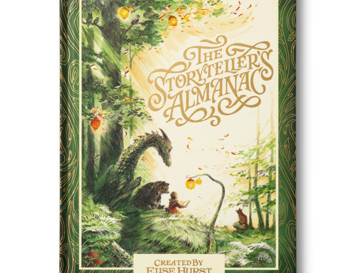 Compendium The Storyteller's Almanac book, a green forest cover with a bear and a child on a rock