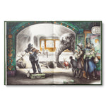 Compendium The Storyteller's Almanac open to a watercolor of a bustling market with an elephant