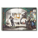 Compendium The Storyteller's Almanac open to a watercolor of a bustling market with an elephant