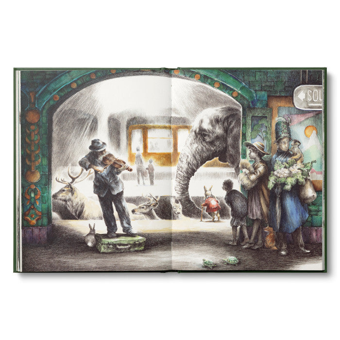 Compendium The Storyteller's Almanac open to a watercolor of a bustling market with an elephant