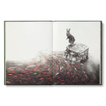 Compendium The Storyteller's Almanac open to a watercolor of a rabbit on a rock above a stream of red fish