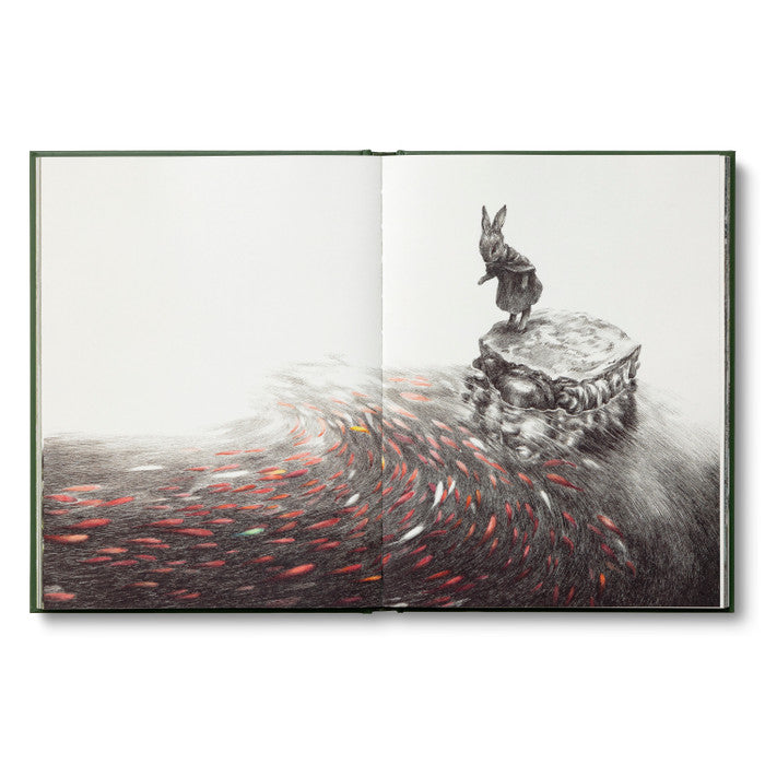 Compendium The Storyteller's Almanac open to a watercolor of a rabbit on a rock above a stream of red fish