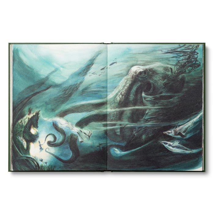 Compendium The Storyteller's Almanac open to a watercolor of an underwater sea creature scene