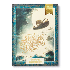 Compendium The Storyteller's Handbook book, a navy and gold cover with a flying ship over waves