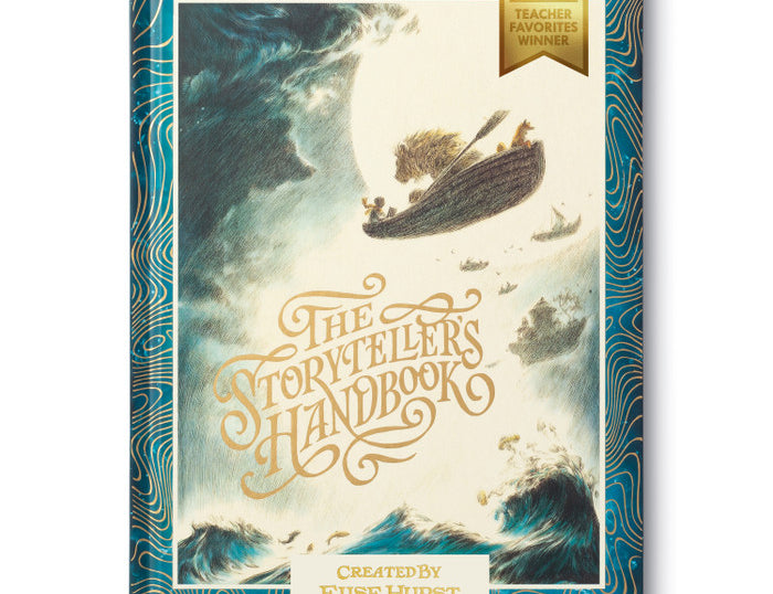 Compendium The Storyteller's Handbook book, a navy and gold cover with a flying ship over waves