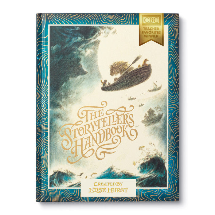 Compendium The Storyteller's Handbook book, a navy and gold cover with a flying ship over waves