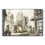 Compendium The Storyteller's Handbook open to a pencil sketch of a city street with a giant cat