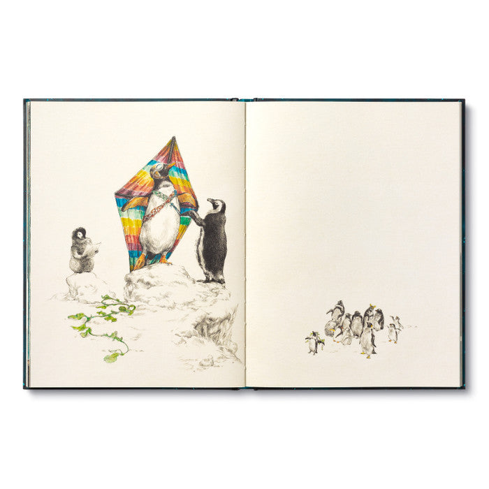 Compendium The Storyteller's Handbook open to a watercolor of penguins flying a colorful kite