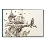 Compendium The Storyteller's Handbook open to a pencil sketch of a whimsical treehouse with a bear