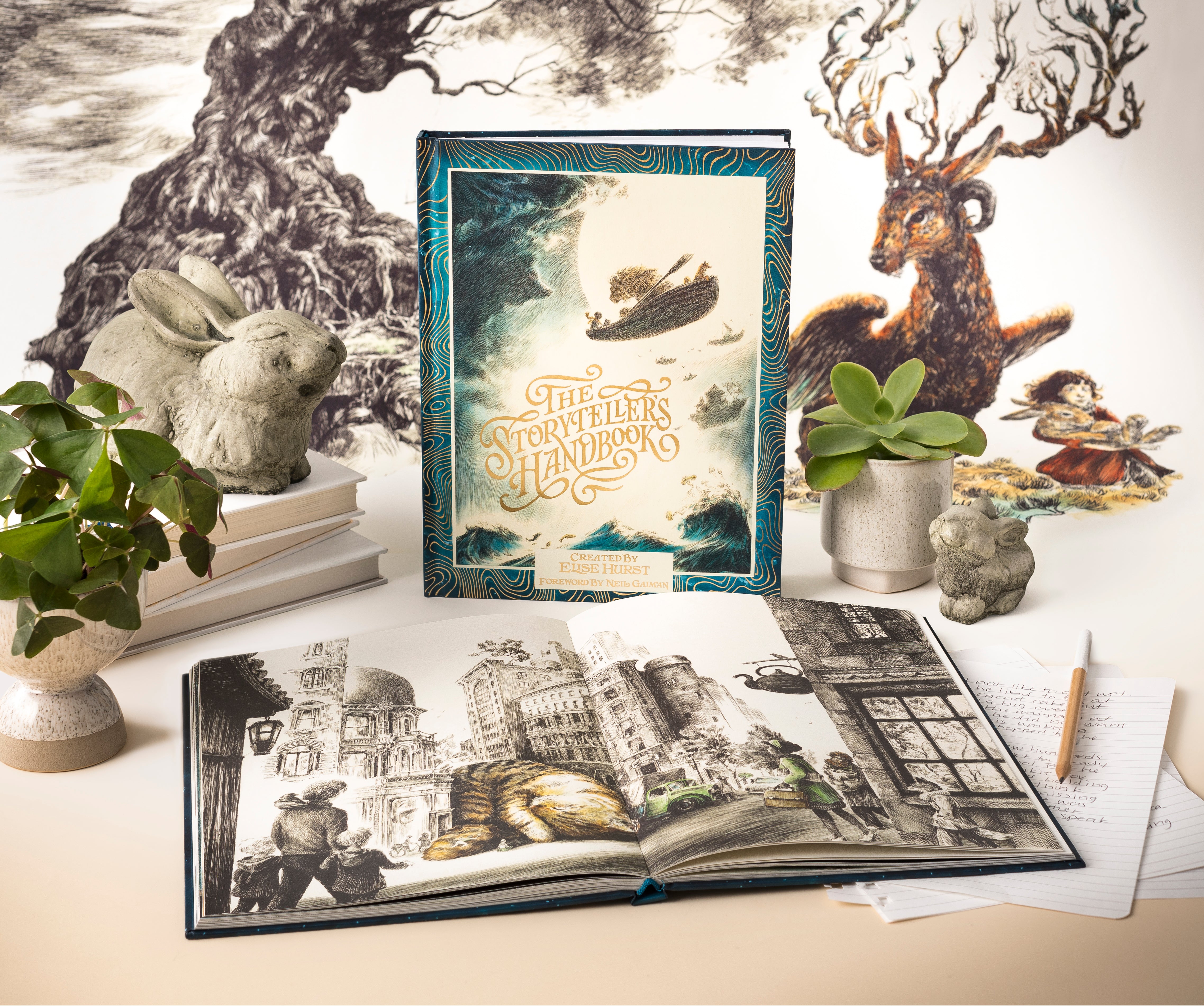 Compendium The Storyteller's Handbook displayed with open pages, a deer figurine and plants