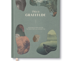 Compendium This is Gratitude Guided Journal, a green cover with collaged nature photos