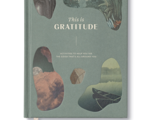 Compendium This is Gratitude Guided Journal, a green cover with collaged nature photos