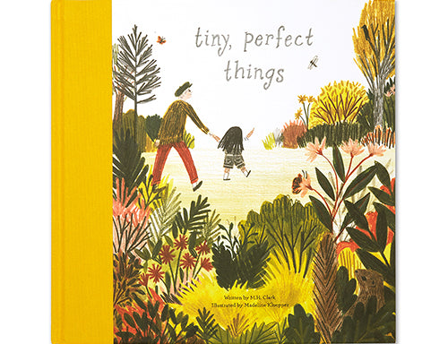 Compendium Tiny, Perfect Things book, a yellow cover with a child and grandfather walking through a garden
