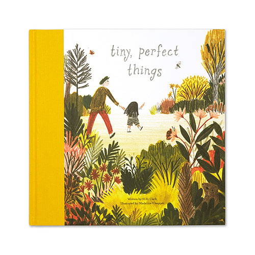 Compendium Tiny, Perfect Things book, a yellow cover with a child and grandfather walking through a garden