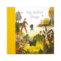 Compendium Tiny, Perfect Things book, a yellow cover with a child and grandfather walking through a garden