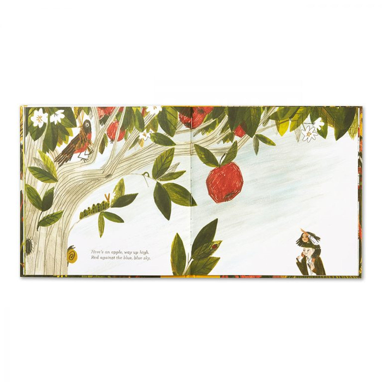 Compendium Tiny, Perfect Things book open to an illustration of a red apple in a tree