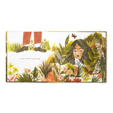 Compendium Tiny, Perfect Things book open to a child peeking through garden leaves