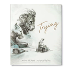 Compendium Trying book cover with a gray ink illustration of a lion and a child sculpting