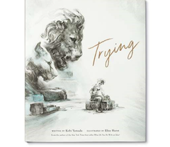 Compendium Trying book cover with a gray ink illustration of a lion and a child sculpting