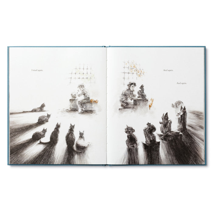 Compendium Trying book open to an illustration of animals gathered watching a child at work