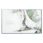 Compendium Trying book open to an illustration of a large tree with a lamp post and small figure