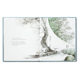 Compendium Trying book open to an illustration of a large tree with a lamp post and small figure
