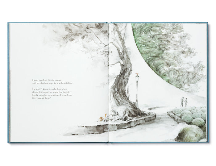 Compendium Trying book open to an illustration of a large tree with a lamp post and small figure