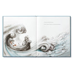 Compendium Trying book open to an ink illustration of a swirling ocean wave