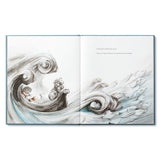 Compendium Trying book open to an ink illustration of a swirling ocean wave