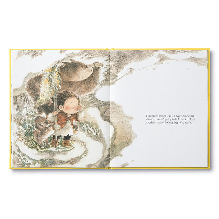 Compendium What Do You Do With a Chance book open to a child crouching in the grass near a golden bird