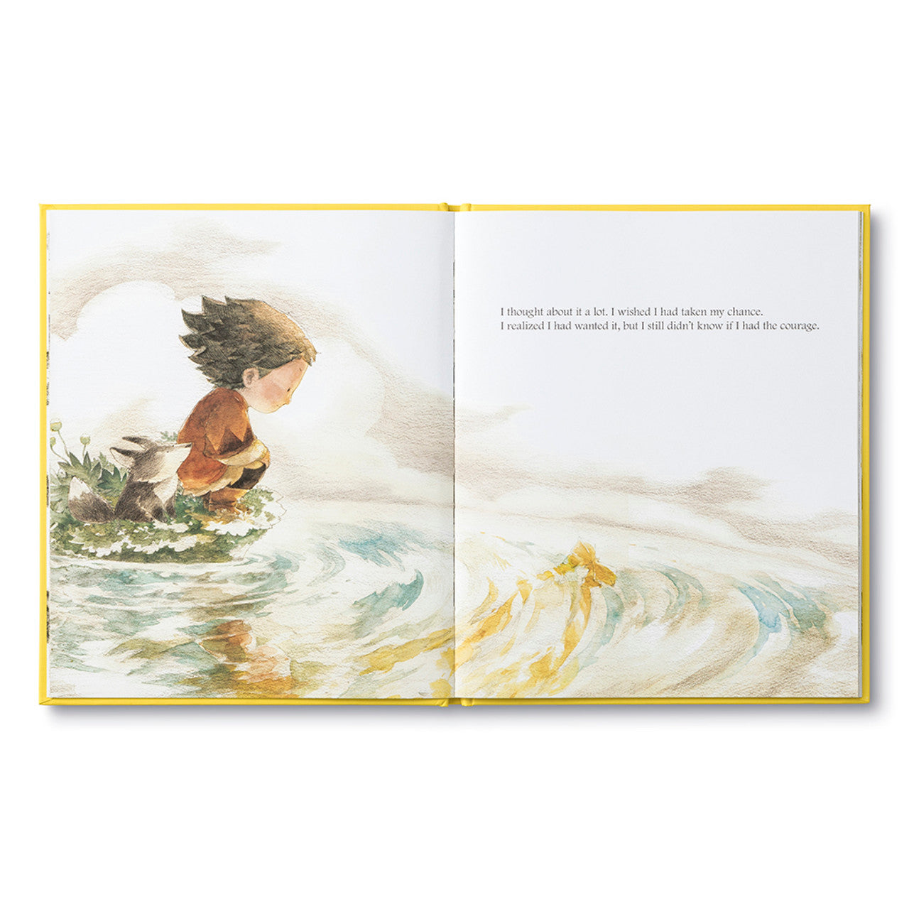 Compendium What Do You Do With a Chance book open to a child on a rock watching a golden bird fly
