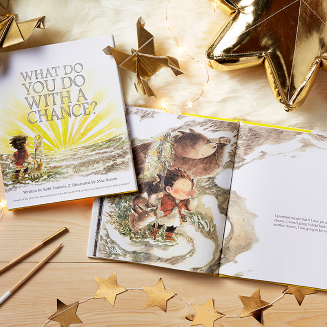 Compendium What Do You Do With a Chance book with an open copy, gold stars and pencils