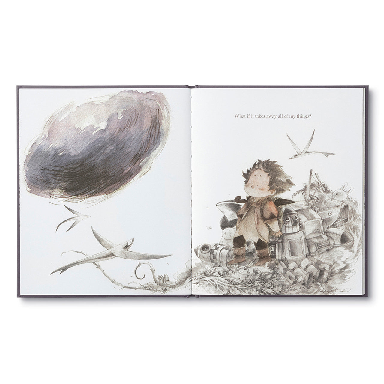 Compendium What Do You Do With a Problem book open to a child facing a dark storm cloud