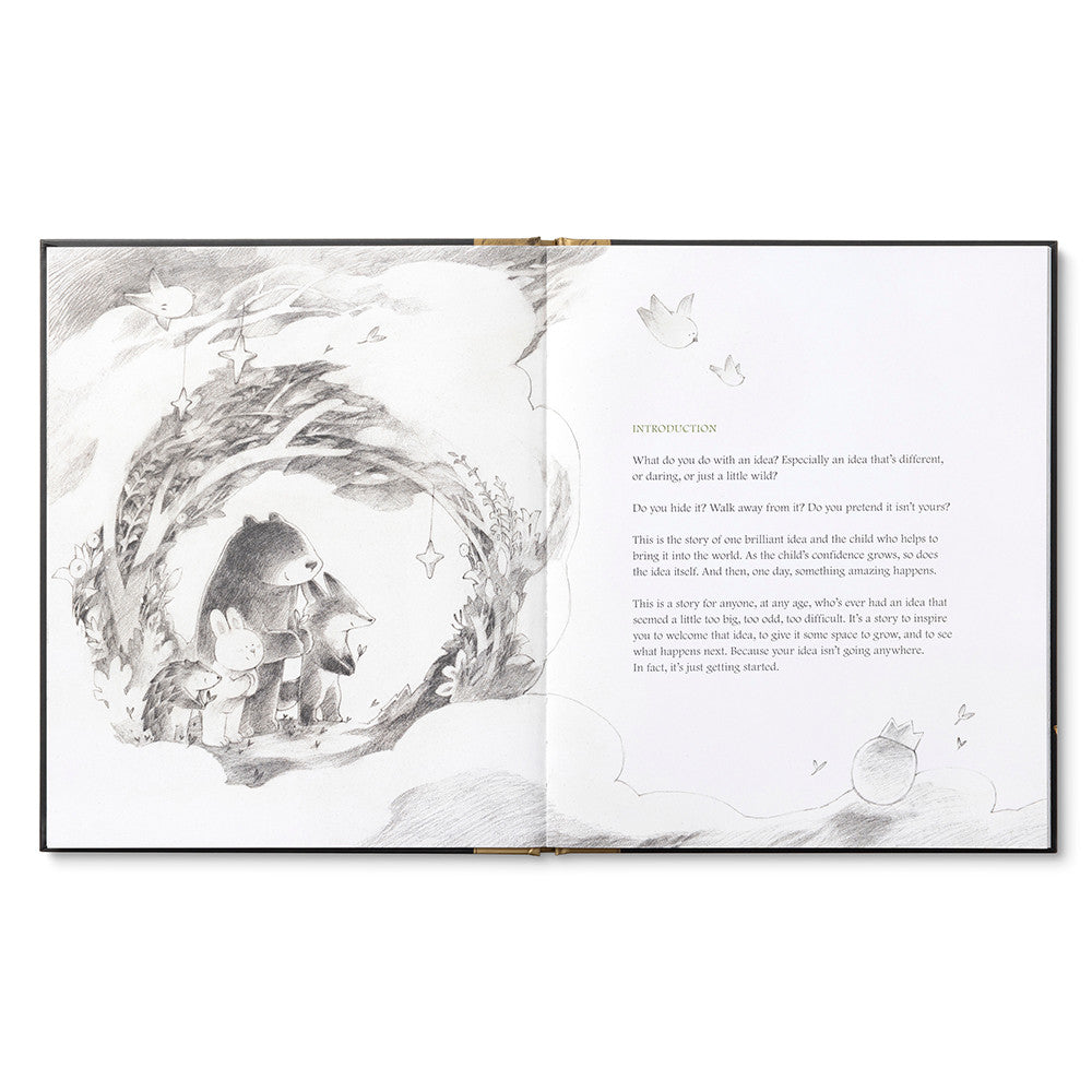 What Do You Do With an Idea? 10th Anniversary Edition by Compendium, open interior spread with a pencil illustration of a child and a golden egg idea