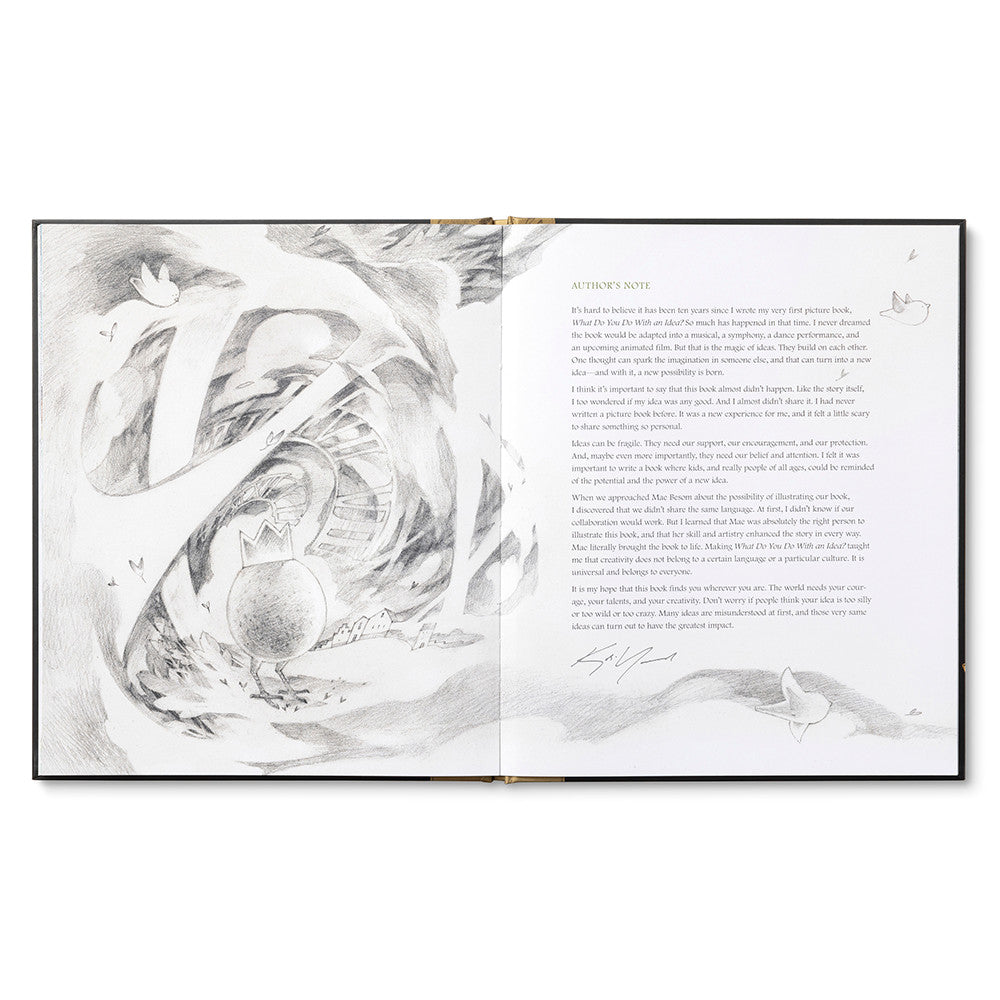 What Do You Do With an Idea? 10th Anniversary Edition by Compendium, open spread with a swirling pencil illustration and story text