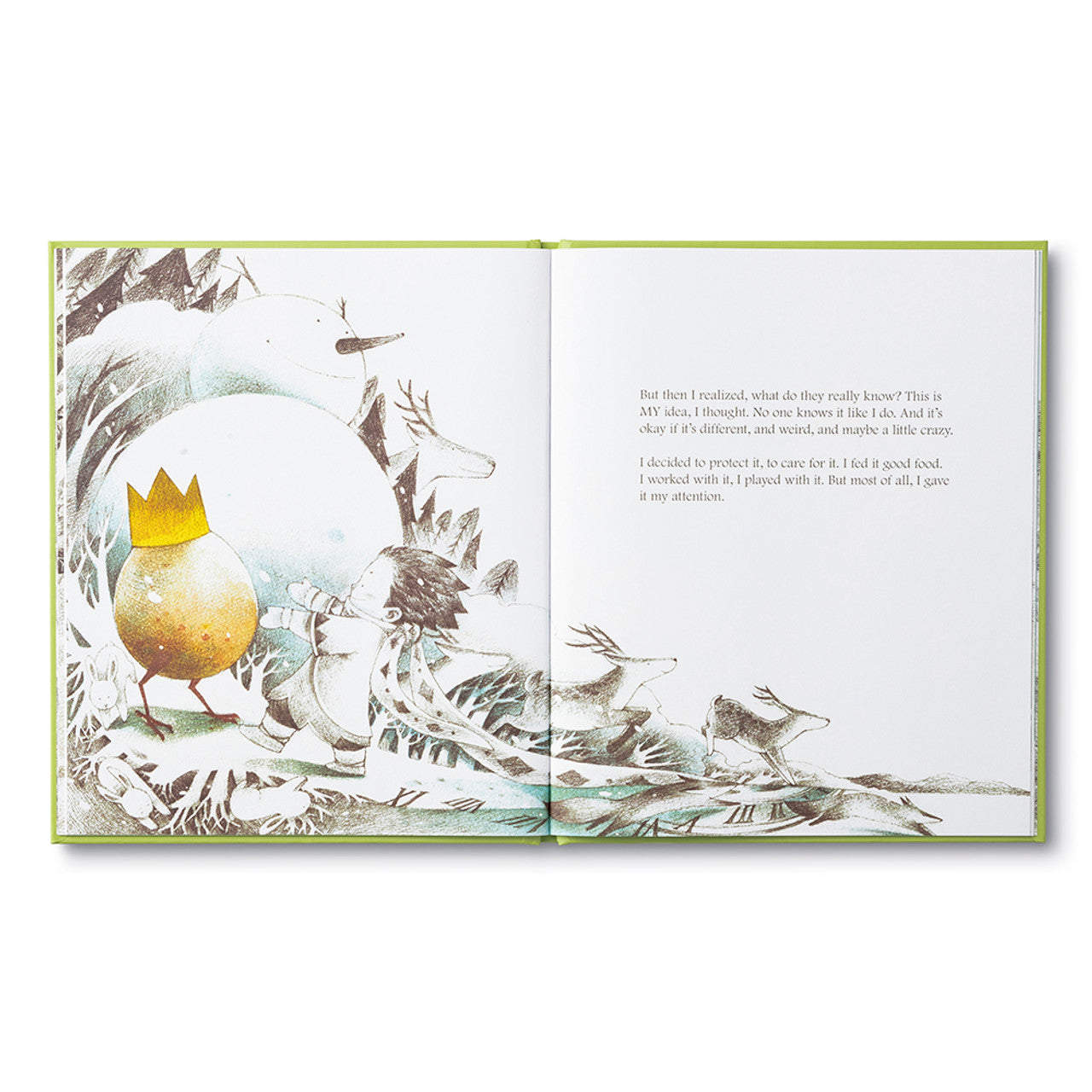 Compendium What Do You Do With an Idea book open to a child standing with the golden egg among birds