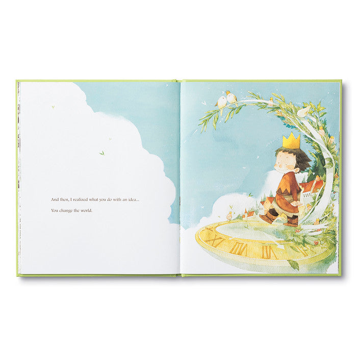 Compendium What Do You Do With an Idea book open to a child in a crown standing in a colorful sky